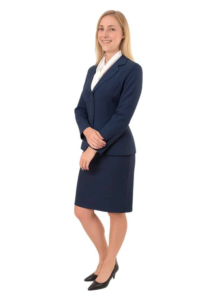 Lined Blazer And Skirt Set For Secretary And Receptionist - 藏蓝色 - 查看 2