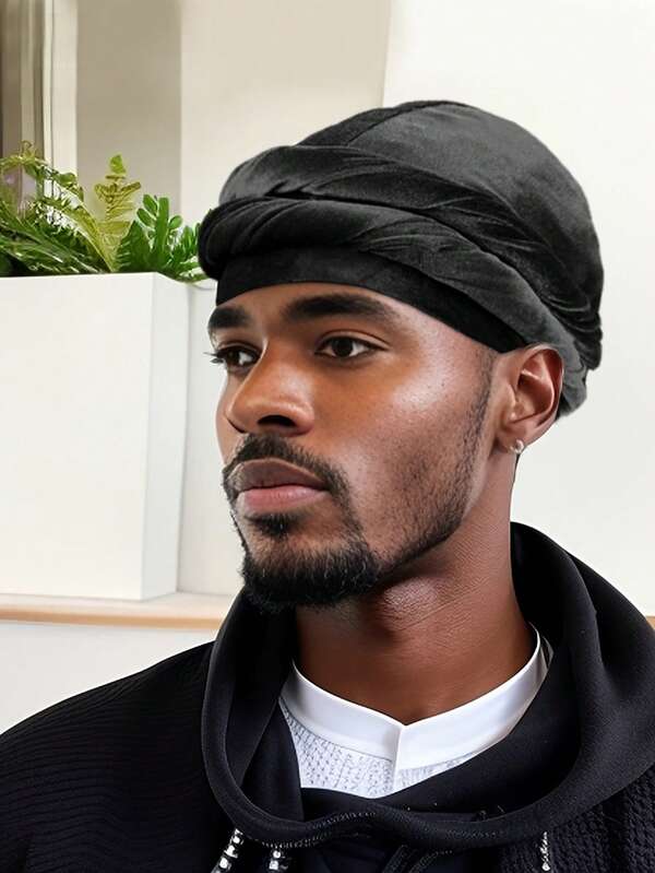 1pc Men's Autumn/Winter Satin Double-Layer Turban, Thickened Headscarf Hat, Satin Lining, Muslim Kufi Cap, Hat, Solid Color Headwrap, Casual Outdoor Sports Beanie