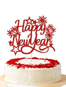 1 pieza Decoración para pastel de Año Nuevo con fuegos artificiales brillantes en dorado, rojo y negro, para celebración de Año Nuevo, reuniones, fiestas con amigos, decoración de postres