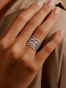 1pc S925 Sterling Silver Interwoven Line Design Ring, Delicate Jewelry Gift For Women - Silver - View 5