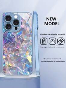 Blue Matte Side & Back 2D Printed Creative Tech Style Blue Gradient Crystal Pattern Tempered Glass Phone Case, Compatible With Samsung S24/S25 Ultra/S23/S23 Ultra/S22/S21, 17/17 Air/17 Pro/17 Pro Max/16/15/14/13/12/11/X/XR/XS Max/7/7P Series, Compact Luxury Business Fashion Fingerprint-Resistant Tempered Glass Phone Case - Blue - View 1