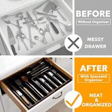 TFKI Bamboo Silverware Drawer Organizer With Labels Kitchen Utensil Expandable Tray Holder Organizer For Flatware Cutlery Spoon And Knives Drawer Storage Organization Black 10 Slots - Black - View 2