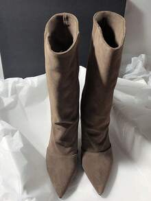 秋冬季尖头麂皮高跟长靴，优雅西部牛仔风格女靴，猫跟 - 杏色 - 查看 2