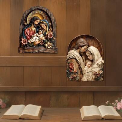 1 pieza de decoración de pared de madera con tema religioso, artesanía retro y antigua, creando una atmósfera religiosa para hogares primaverales, decorando la sala de estar con creencias religiosas y decoraciones de pared