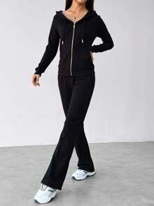 Conjunto de sudadera con capucha y cremallera para mujer -pantalones de pierna ancha, estilo casual y moderno, ideal para múltiples ocasiones. Tela suave y transpirable, diseño con detalles en negro y oro, - Negro 1 - Ver 2