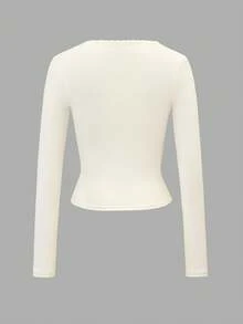 Vaiaye 女士方领长袖荷叶边修身T恤，优雅多功能性感蕾丝边针织长袖上衣，蝴蝶印花，适合春夏穿着 - 杏色 - 查看 6