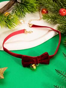 1pc Velour Bow Small Bell Neck For Christmas Ladies Necklace, A Must-Have Accessory For Holiday Parties - Red - View 1