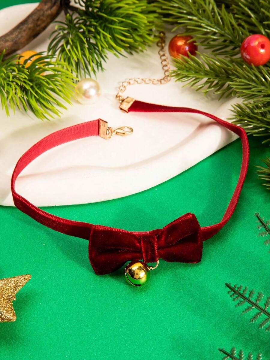 1pc Velour Bow Small Bell Neck For Christmas Ladies Necklace, A Must-Have Accessory For Holiday Parties - Red - View 1