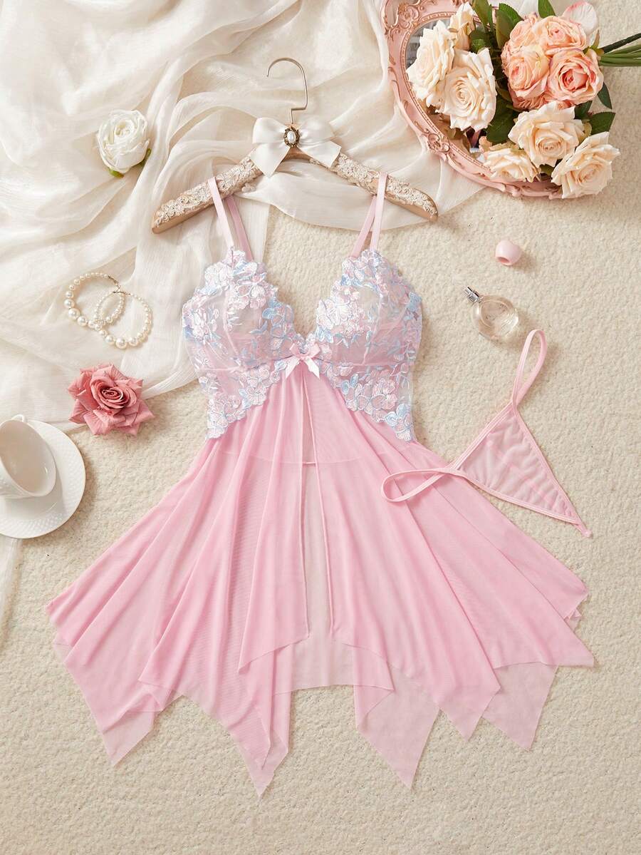 ROMWE Kawaii Explore The Enchanting Middle East! Light Purple Embroidered Sheer Nightgown, Lightly Wraps Your Alluring Figure, Sexy Asymmetric/Asymmetrical Embroidered Thong - Pink - View 1
