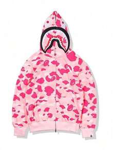 Hoodies For Men Romwe Graphic Hoodie Jackets Zip Up Hoodie Men Y2k Christmas Outfit Men Halloween Clothes Men's Thermal Clothing Fleece  Shark Suit Men's Printed Casual Terry Hooded Sweatshirt Jacket - 粉色 - 查看 1