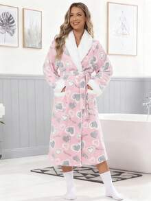 Latest Women's Long Thermal Nightdress, Soft And Warm Long Printed Fluffy Bathrobe, Autumn/Winter Thickened Bathrobe, Women's Casual Knitted Knee-Length Robe With Tie Waist, Standard Cuffs For Comfortable Sleepwear, Pocketed Shower Robe For Home Wear.
