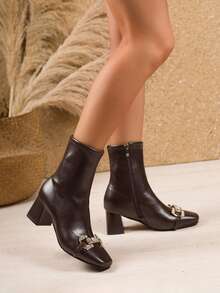 2025 Autumn/Winter New Brown Boots, Square Toe Leather Rhinestone Decor Side Zipper Chunky Heel Ankle Boots, Elegant Commuting Daily Versatile Fashion Boots, Brown Boots, Plus Size Women Shoes,Burgundy Heels - Brown - View 4