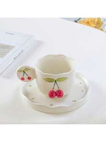 Korean Style Hand-Painted Cherry Blossom Relief Ceramic Cup & Saucer Set, Cute Afternoon Tea/Coffee Mug - Multicolor - View 6