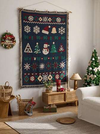 1pc Winter Snowflake Tree Bohemian Christmas Wall Tapestry For Bedroom Double-Sided Woven Throw Blanket With Tassel 180x130cm - Christmas Decoration Decorative Wall Art For Home Room, Multi-Function Shawl For Sofa Bed Camping Tablecloth Carpet