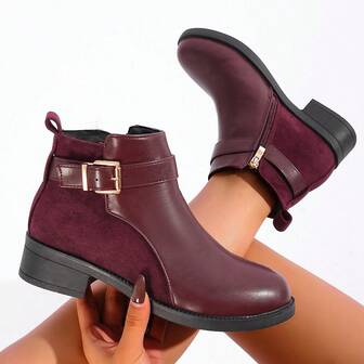 女士时尚百搭拼接金属扣拉链纯色圆头短踝带粗跟短靴，时尚休闲日常穿着，秋冬季，棕色，皮革