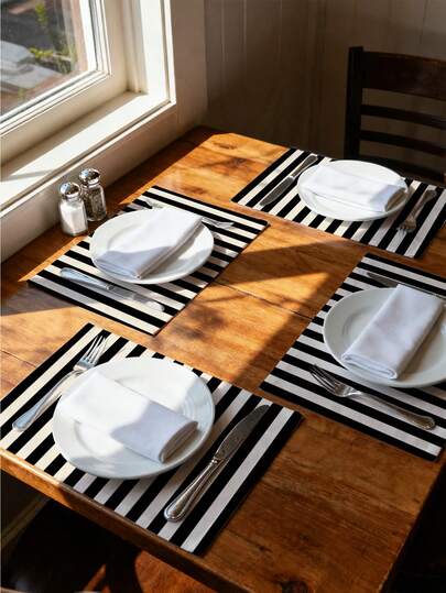 4 件/6 件黑白竖条纹主题创意餐垫套装 - 优质亚麻材质，易于清洁，适用于厨房餐厅装饰、节日派对餐桌装饰、家居装饰