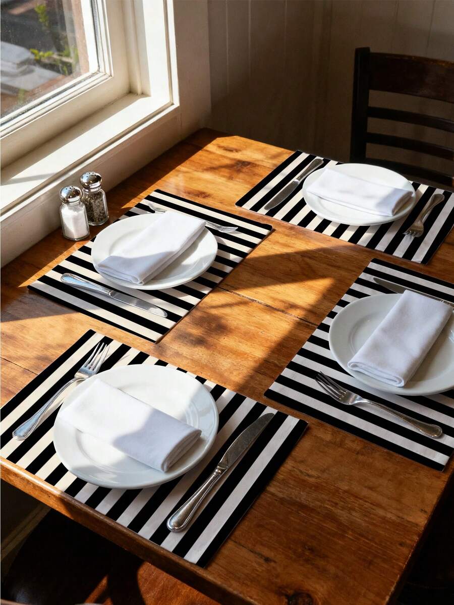 4 件/6 件黑白竖条纹主题创意餐垫套装 - 优质亚麻材质，易于清洁，适用于厨房餐厅装饰、节日派对餐桌装饰、家居装饰