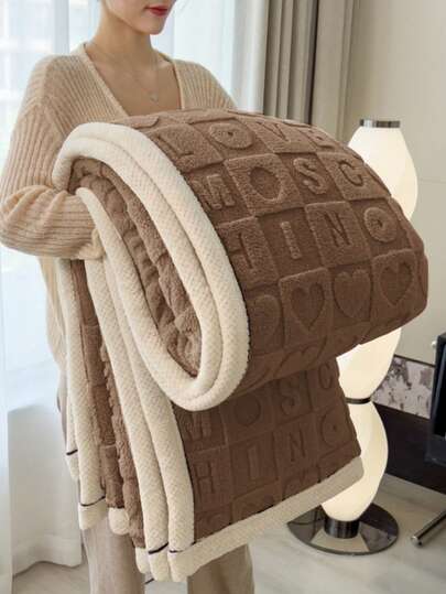 1件加厚包边波西米亚风心形图案毯，提花仿毛皮柔软保暖多用途毯，适用于客厅、卧室、宿舍、家具装饰、沙发、午睡、毛巾