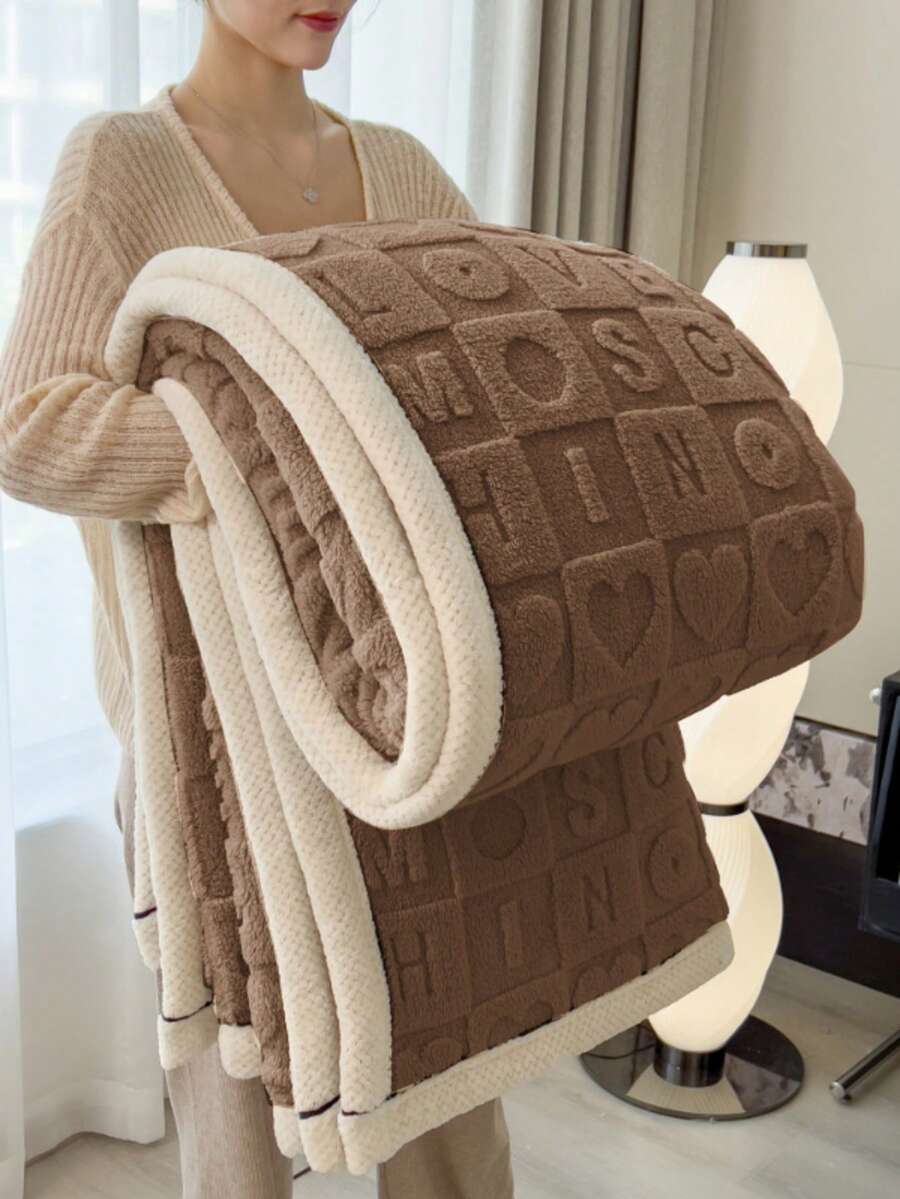 1件加厚包边波西米亚风心形图案毯，提花仿毛皮柔软保暖多用途毯，适用于客厅、卧室、宿舍、家具装饰、沙发、午睡、毛巾 - 駝色 - 查看 1