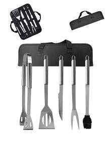 Juego de 5 accesorios de acero inoxidable para barbacoa y bolsa de almacenamiento, set para barbacoa de fiesta, adecuado para barbacoas al aire libre, camping y jardín, muy apropiado como regalo. - Plateado - Ver 1