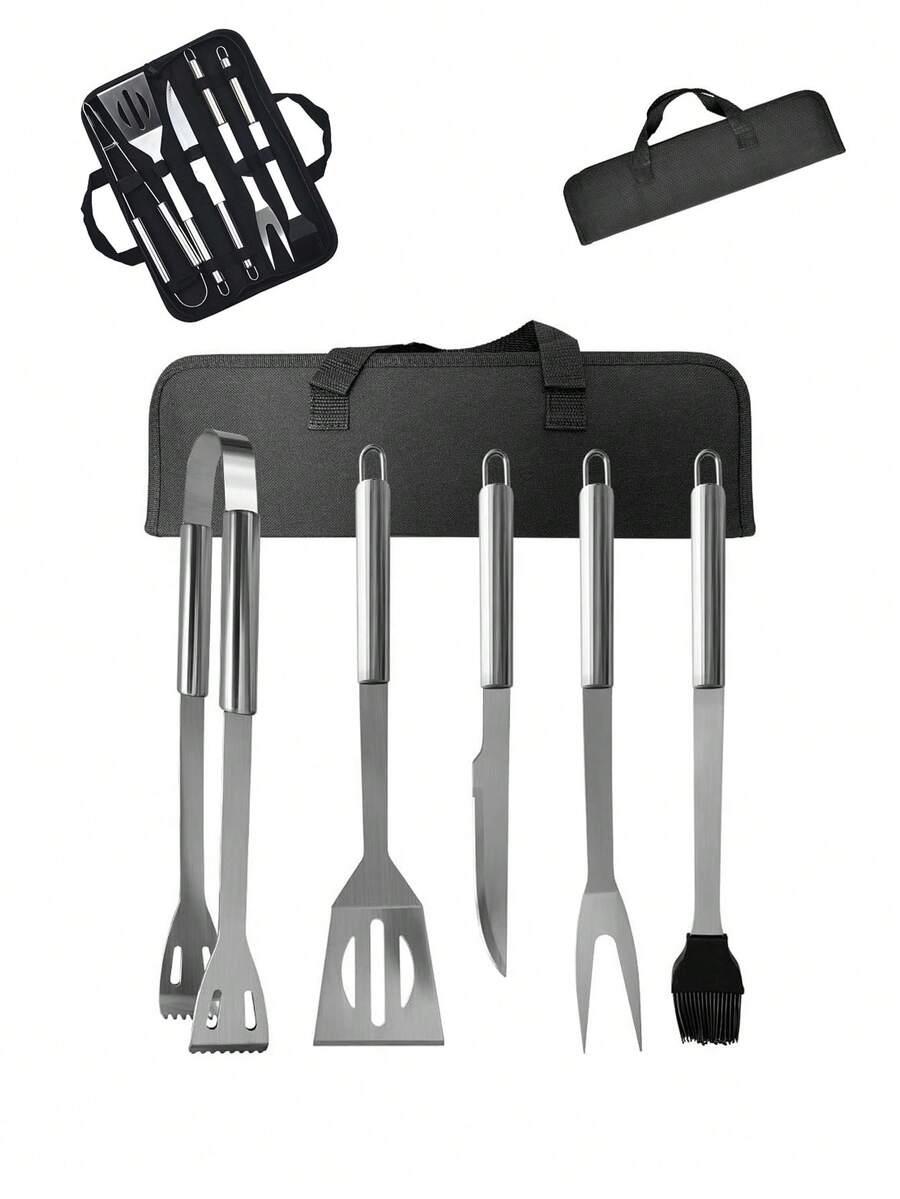 Juego de 5 accesorios de acero inoxidable para barbacoa y bolsa de almacenamiento, set para barbacoa de fiesta, adecuado para barbacoas al aire libre, camping y jardín, muy apropiado como regalo. - Plateado - Ver 1