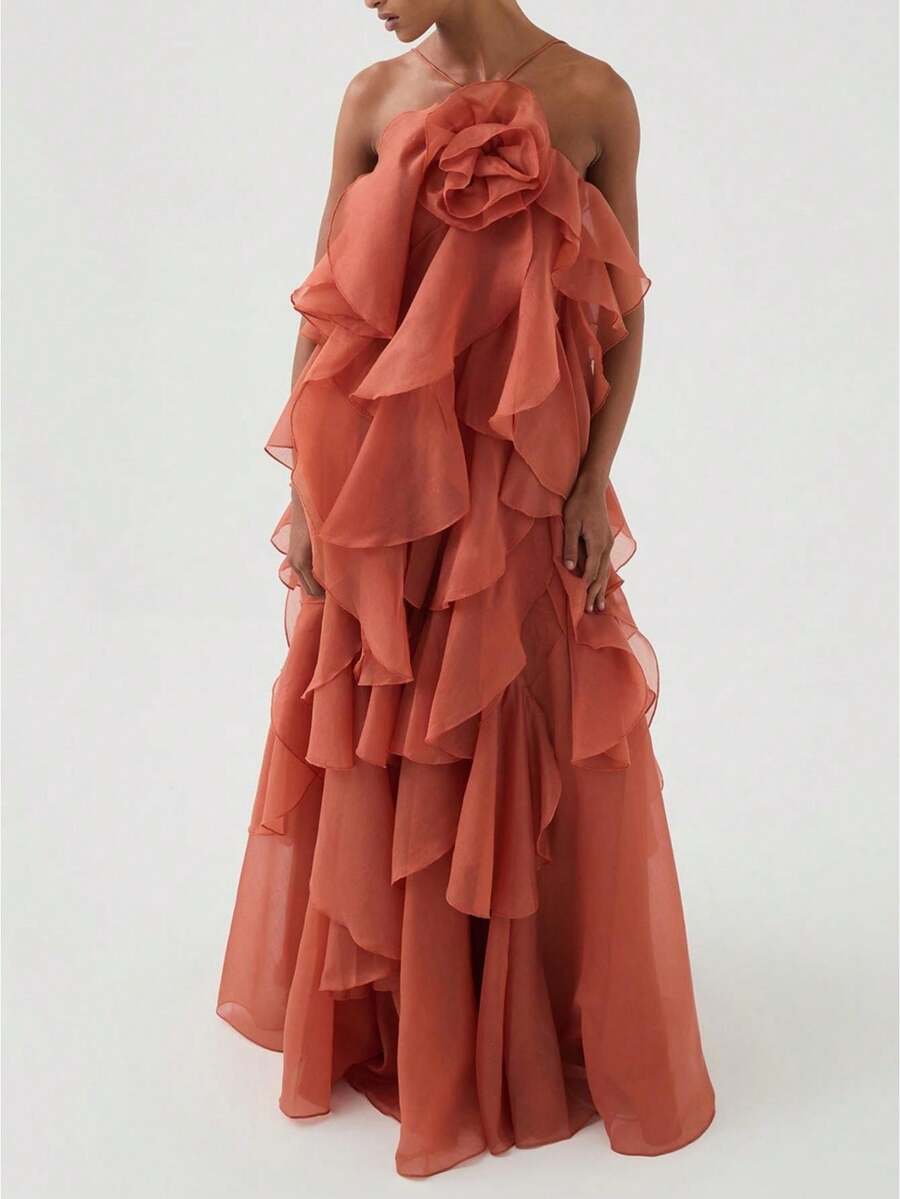 Women Summer Sleeveless Dress 3D Flowers Irregular Ruffles Backless Party Dress For Vacation Cocktail Beach Streetwear - 橘色 - 查看 1