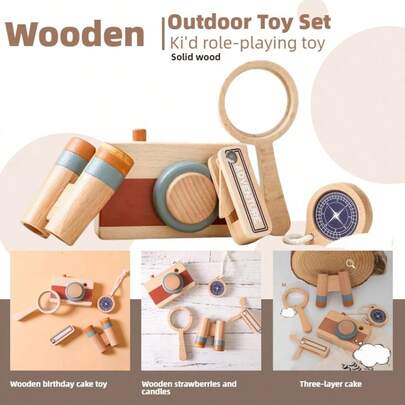 1 Caja, Juguete de madera para exteriores, Juego de explorador para niños y telescopio de madera, cámara, lupa, brújula, juguetes para exteriores, juego de roles, observación de insectos, para niños mayores de 3 años, niños y niñas, regalo de Navidad