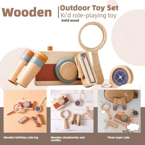 1 Box ,Outdoor Wooden Toy, Kids Explorer Set&Wooden Telescope, Camera, Magnifying Glass, Compass, Outdoor Toys, Role-Playing Toy, Insect Observation, Toddler Over 3 Years, Boy And Girls, Christmas Gift