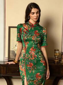 Faeriesty 优雅女士新款中式旗袍连衣裙，高领短袖侧开衩设计——适合正式场合、商务宴会、婚礼、盛大晚会、文化活动以及新年和情人节派对。夏季 - 綠色 - 查看 1