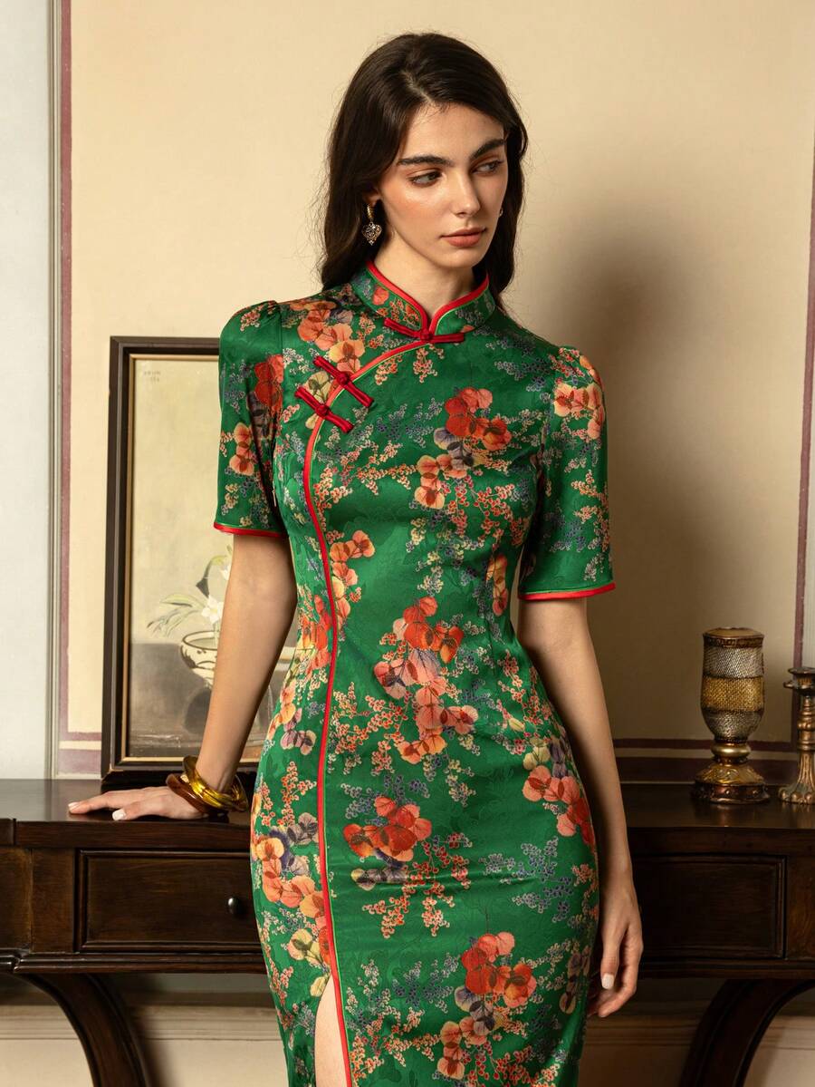 Faeriesty 优雅女士新款中式旗袍连衣裙，高领短袖侧开衩设计——适合正式场合、商务宴会、婚礼、盛大晚会、文化活动以及新年和情人节派对。夏季 - 綠色 - 查看 1