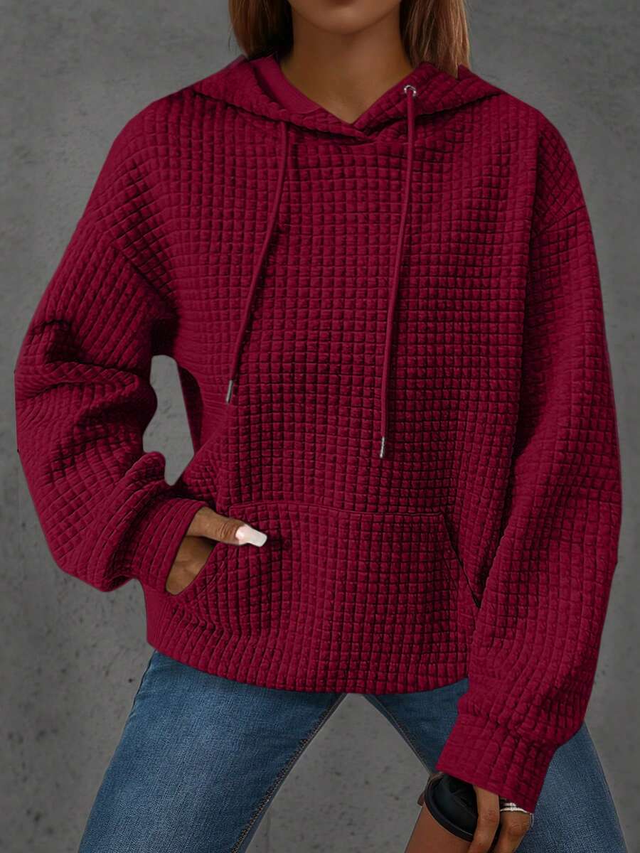休闲宽松纯色提花针织连帽运动衫，带口袋，长袖 - 酒紅色 - 查看 1