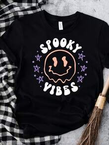 Spooky Vibes  Face Shirt, Spoky Vibes Top, Spooky Vibes Cute Gift  Shirt For Girls, Humor Shirt, Gift For Daughter, Happy FaceTee,This Fun Printed Casual T-Shirt Is The Perfect Gift For Valentine's Day/Christmas - 款式7 - 查看 1