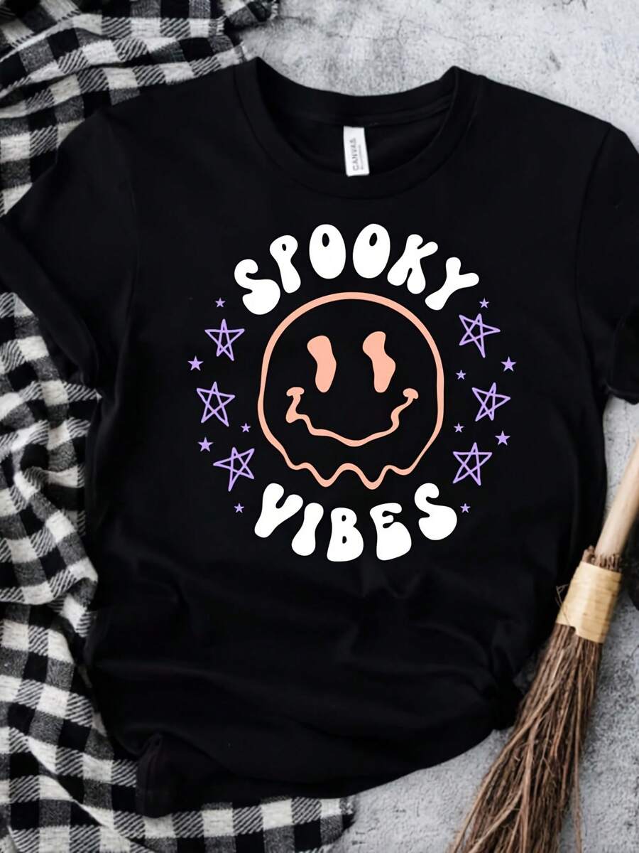 Spooky Vibes Face Shirt, Spoky Vibes Top, Spooky Vibes Cute Gift Shirt For Girls, Humor Shirt, Gift For Daughter, Happy FaceTee,This Fun Printed Casual T-Shirt Is The Perfect Gift For Valentine's Day/Christmas - 款式7 - 查看 1