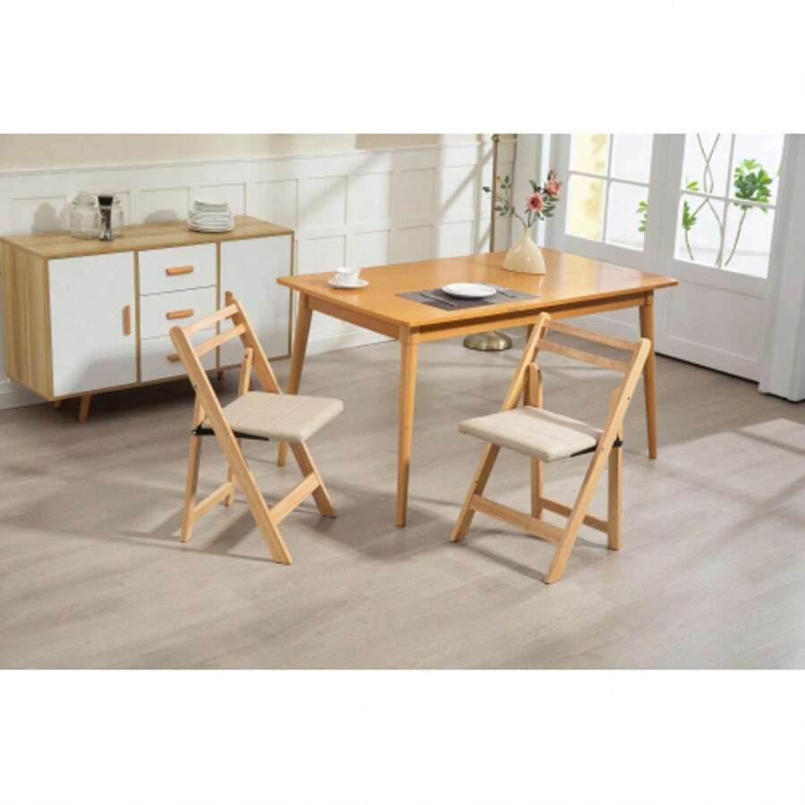 Solid Wood Folding Chair - Space-Saving, Durable & Stylish Design For Home, Office Use - Beige - View 1