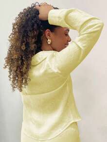 2 件套女士休闲独特简约亮黄色开衫衬衫和短裤套装，秋冬 - 黃色 - 查看 7