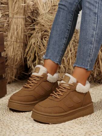 棕色平底休闲运动鞋，保暖系带运动鞋，撞色设计，柔软皮革，休闲学院风，百搭舒适休闲运动鞋