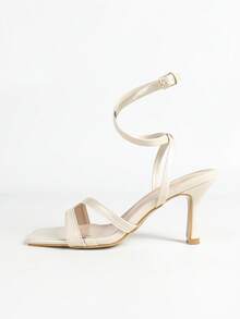 Women's Apricot Square Toe High Heel Sandals, Criss-Cross Strap Ankle Buckle Stiletto Heels, Minimalist White Mid Heel Sandals, Suitable For Party, Nightclub, Wedding, Bridesmaid, Date, Vacation, Daily Wear - Apricot - View 7