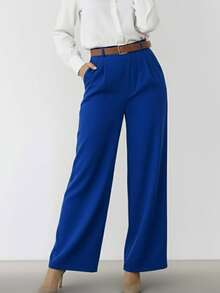 Pantalones Rectos para Moda Casual y Elegante, con Cinturón - azul real - Ver 4