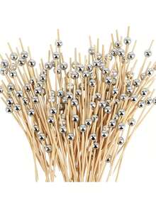 100pcs/10pcs Silver Disposable Bamboo Skewers, Round Bead Design, Suitable For Kitchen, Salad, Wedding, Party