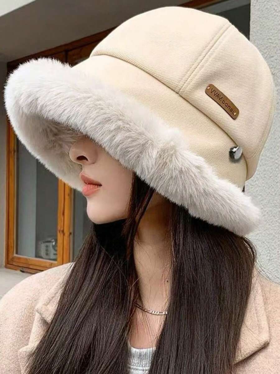 1pc Winter European & American Elegant Bucket Hat, Warm, Comfortable, Versatile, Simple, Cold-Proof, Large Head Circumference