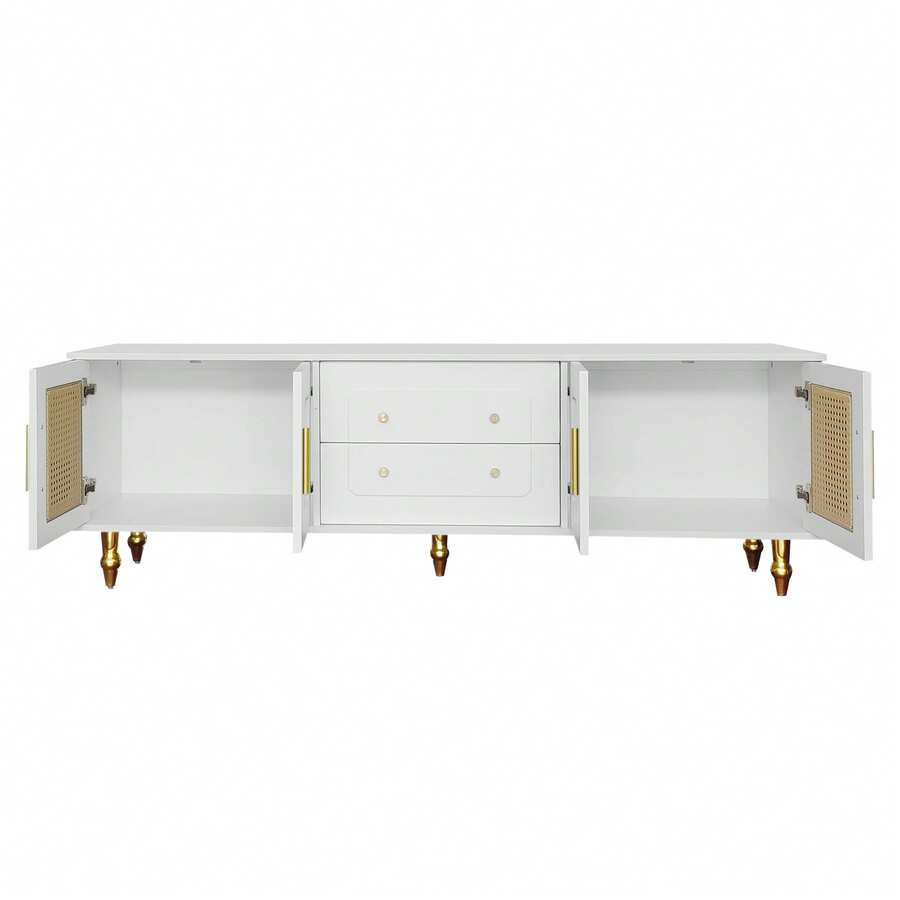 Low Cabinet, Retro-Style TV Stand: Gold Handles, Plenty Of Storage Space. With A Glass Door And Solid Wood Legs. - 白色+刨花板+70-79英寸 - 查看 1