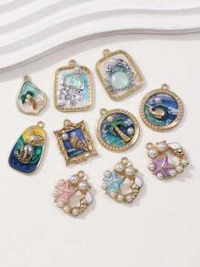 Set de 5 colgantes con diseño de medusa/cangrejo/estrella de mar, con estilo de pintura al óleo vintage con temática oceánica, combinando un estilo retro y de vacaciones, adecuado para hacer collares, pulseras, llaveros, encantos de bolso, accesorios de joyería para vacaciones en la playa