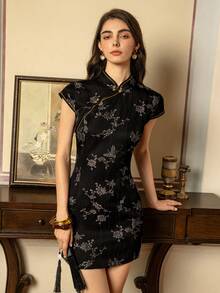 Faeriesty Elegant Women's New Chinese Cheongsam With Mandarin Collar & Capped Sleeves For Sophisticated Occasions – Perfect For Gala Dinners, Formal Business Receptions, Wedding Banquets, Grand Celebrations, And High-End Evening Events Suitable For New Year And Valentine's Day Party Outfits - Black - View 5