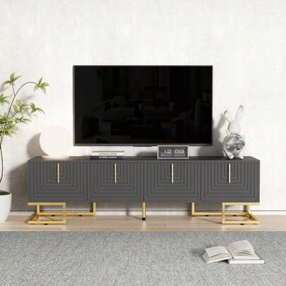 TV-Schrank, Lowboard With Structured Tür, TV-Möbel, Golden Griffen And Golden Füßen