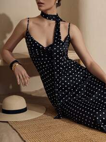 Elegant Women's Sleeveless Polka Dot Dress, Spaghetti Strap Backless Design, Draped Details, Long Pencil Dress, Suitable For Party Wear Black Summer - Black - View 3