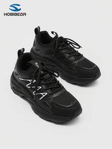 HOBIBEAR Men's Casual Sneakers, Fashion Lace-Up Mesh Patchwork Breathable Shoes - Black - View 3