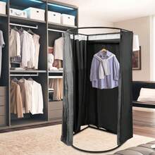 Umkleidekabinen-Set, 96 x 100 x 200 cm, Eckumkleidekabine für Bekleidungsgeschäfte mit schwarzer U-Stange und dicken Verdunkelungsvorhängen, modischer Sichtschutz, Tend Cabana (Schwarz) - Schwarz - Übersicht 5