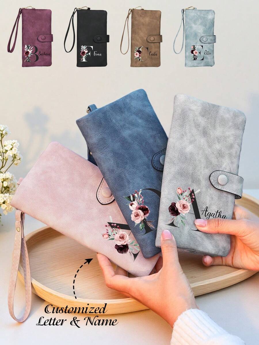 1 buah Dompet Bunga Kelahiran yang Dipersonalisasi, Dompet Panjang Kulit PU dengan Nama Kustom, Dompet Clutch Wanita dengan Resleting, Gaya Retro, Hadiah untuk Ibu, Istri & Teman