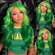 13x4 Green Highlights Curly Lace Front Wigs For Women Body Wavy Long Hair Ombre Green Wig Pre-Plucked Wear And Go 28 Inch Glueless Synthetic Lace Front Wigs For Halloween Daily Party Wig - 綠色 - 查看 1