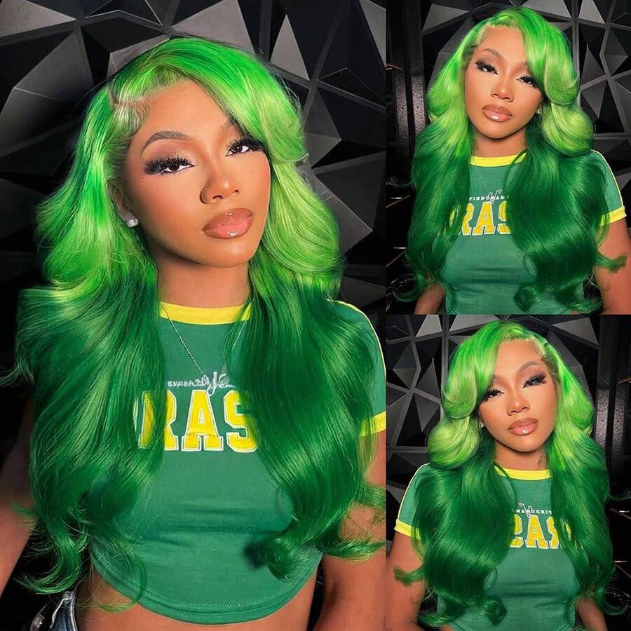 13x4 Green Highlights Curly Lace Front Wigs For Women Body Wavy Long Hair Ombre Green Wig Pre-Plucked Wear And Go 28 Inch Glueless Synthetic Lace Front Wigs For Halloween Daily Party Wig - 綠色 - 查看 1